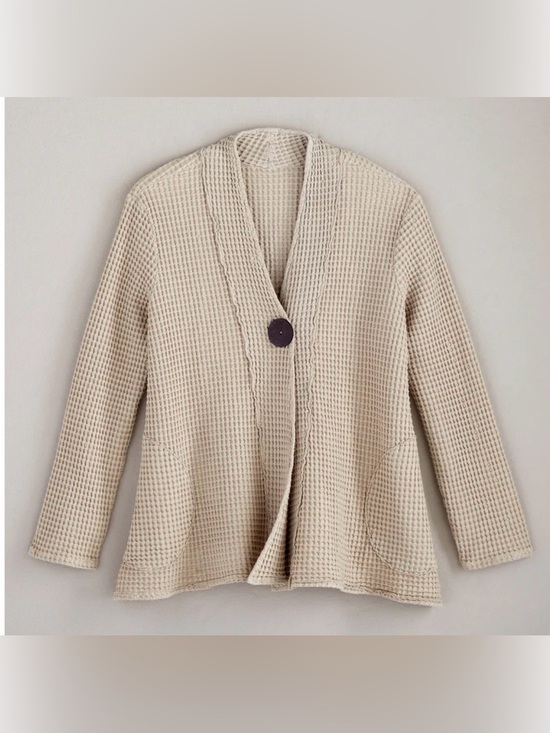 Focus Casual Life Sweaters - Focus Casual Life Beige Waffle Knit Cotton Swing Jacket